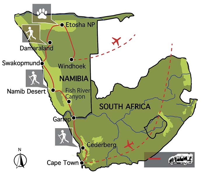 Carte du voyage du Cap à la Namibie Confort