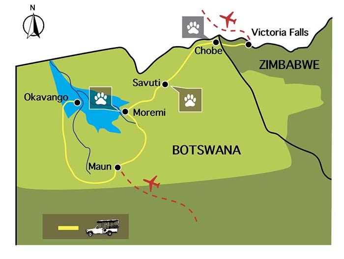 Carte du voyage Botswana chutes Victoria