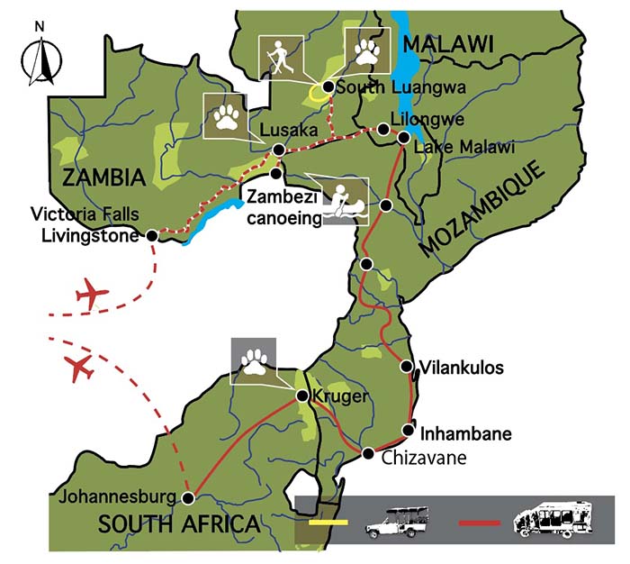 Carte voyage chute victoria zambie malawi mozambique et kruger