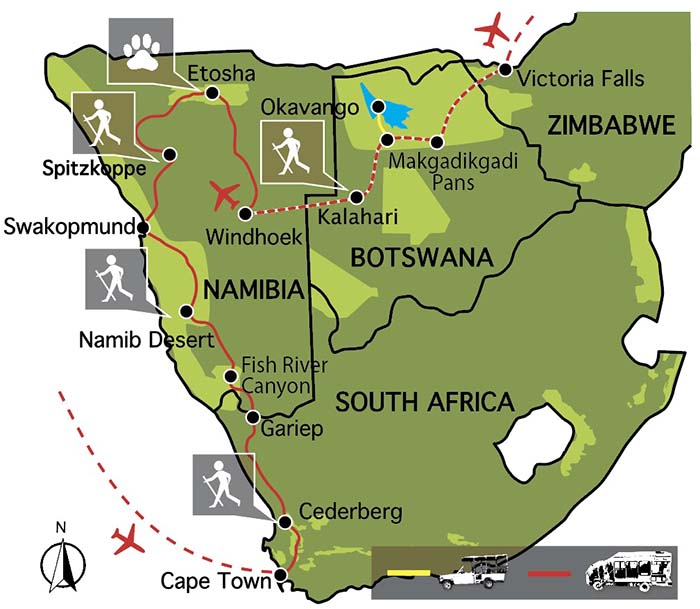 Carte du voyage du Cap aux Chutes Victoria Camping