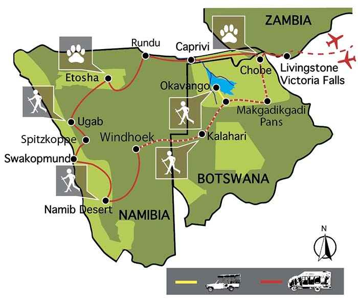 carte du voyage chutes victoria et namibie camping